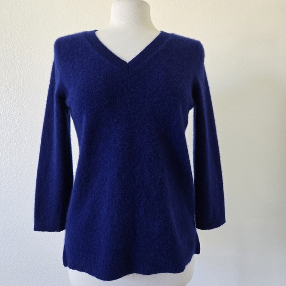 Belle France 100% Cashmere Pullover Sweater 3/4 Sleeve Royal Blue Size Large - Picture 1 of 14
